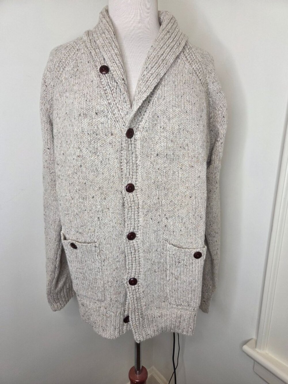 J.Crew Mens Shawl Collar Cardigan Sweater Wool Blend Cream L Rugged Pockets